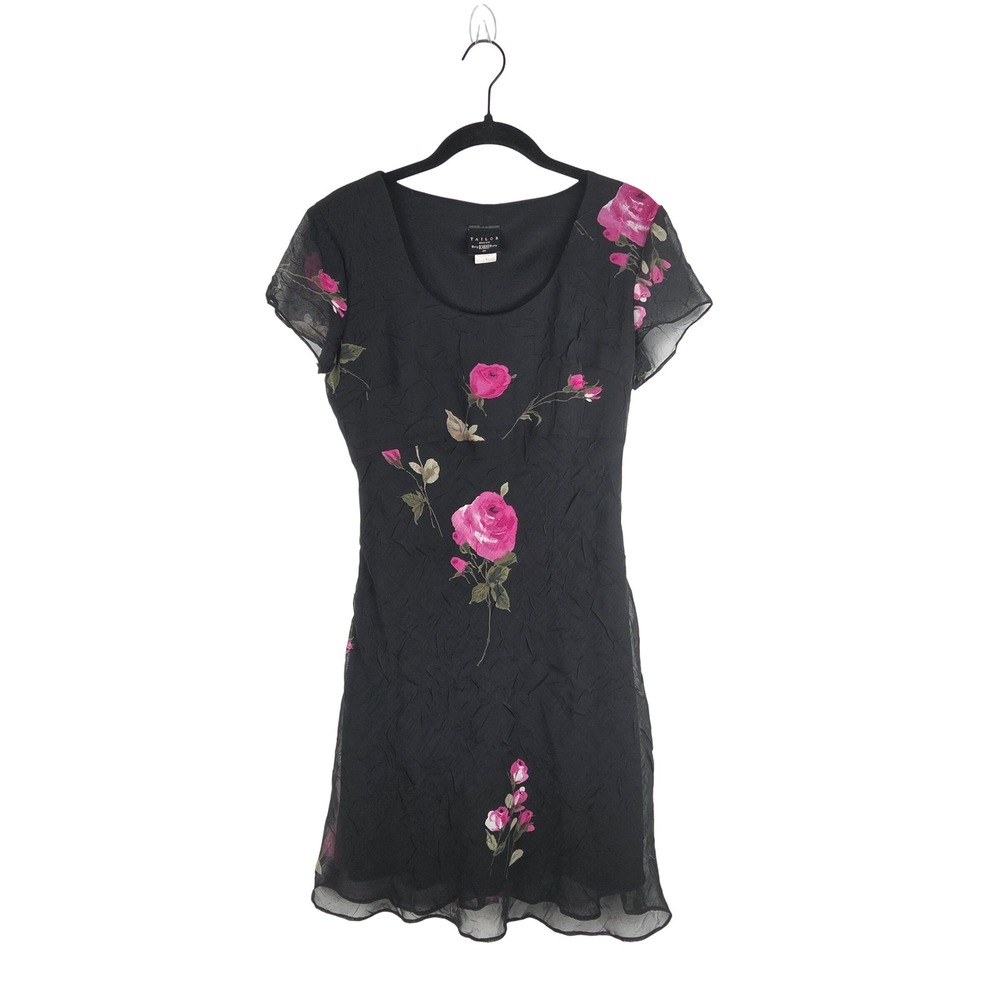 Vtg Tailor B.Moss Black Floral Crinkle Chiffon Dress Pink Roses Babydoll Size‎ 4